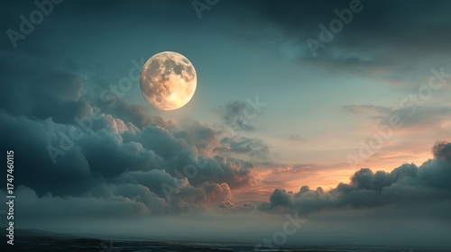 Minimal Halloween Backdrop with Full Moon and Partially Cloudy Sky