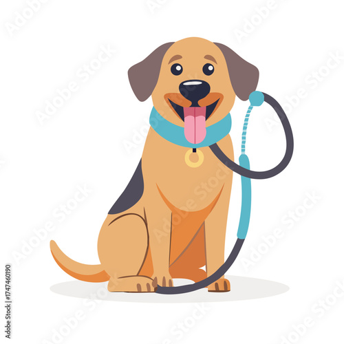 Dog sitting concept with happy active dog holding pet leash in mouth ready to go for walk
