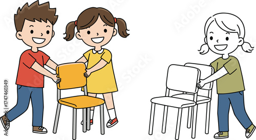Children arranging chairs, colored and outline illustration, classroom activity, teamwork and play, preschool learning, visual comparison, creative education, coloring page