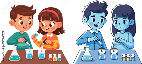 Children doing science experiment, colorful and monochrome comparison, liquid mixing activity, STEM learning, classroom illustration, beakers and droppers, visual design