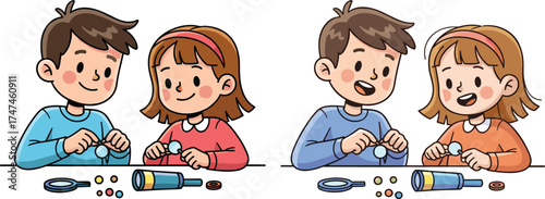 Children exploring science tools, hands-on learning, magnifying glass activity, flashlight experiment, STEM play, classroom curiosity, collaborative project, preschool discovery