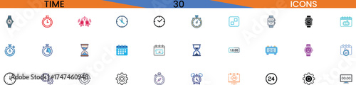 Collection of time icons representing chronology schedule planning and measurement vector