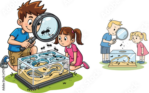 Children observing ant farms, insect habitat exploration, magnifying glass activity, science experiment, outdoor learning, entomology education, preschool STEM, nature study, curiosity