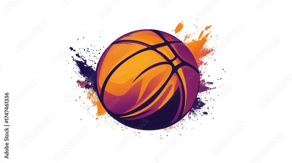 Fototapeta premium A basketball with orange and purple hues surrounded by colorful abstract paint splatters on transparent background