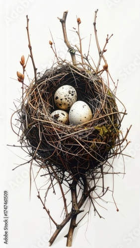 Bird Nest with Speckled Eggs on Twigs against White Backdrop