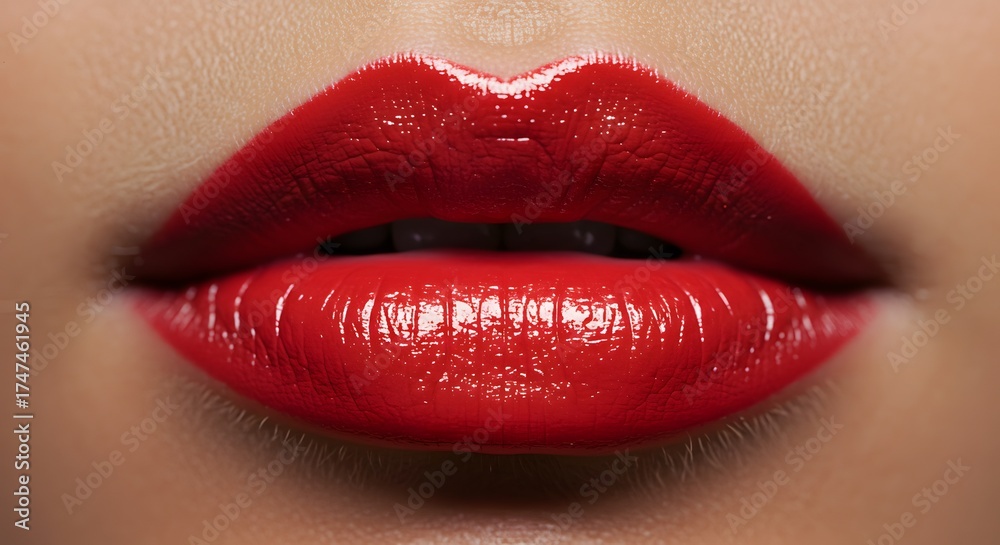 Obraz premium Close-up of Lips with Bright Red Lipstick and Glossy Finish on Smooth Skin