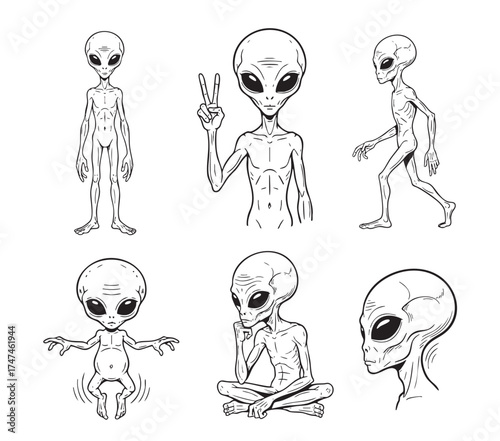 Collection vector of classic grey alien figures in various poses standing, walking, sitting, and a peace sign, in line art style.