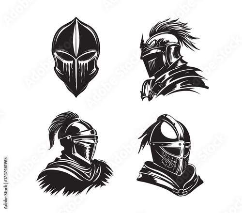 Vector  set of intense ancient knight and warrior helmet and armor illustrations, depicted in a dramatic black and white woodcut style.