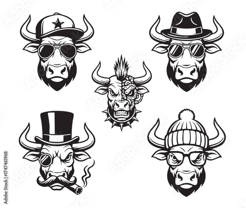 Fun collection of bull and steer head mascots wearing various cool accessories like hats, sunglasses, and cybernetic parts.