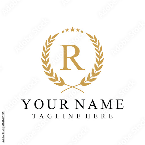 Initial letter R justice legal law firm logo design, leaves and star graphic concept