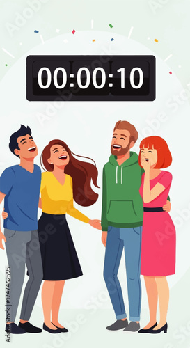 Four Friends Laughing Together Under a Countdown Timer.