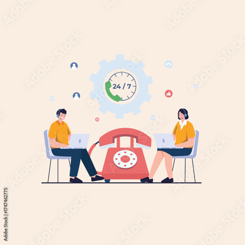 Flat vector illustration of a dedicated call center team, featuring male and female operators providing 24/7 online customer support and technical assistance