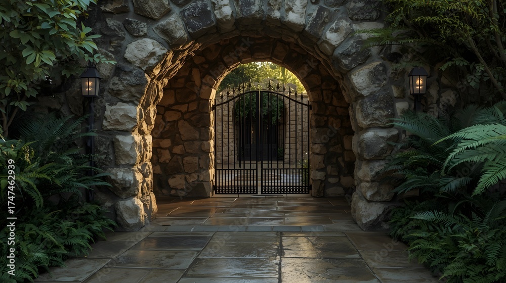 Fototapeta premium Stone archway entrance with an iron gate illuminated by a warm wall light, surrounded by lush green plants and wet stone tiles, creating a mysterious garden atmosphere after rain