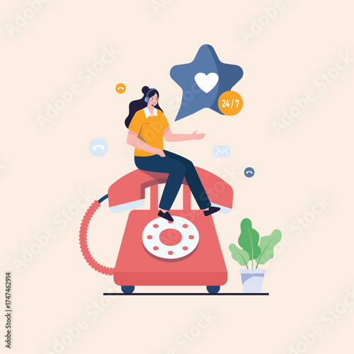 24/7 Support with Girl on Telephone Customer Service Vector Art for Assistance & Help Desk