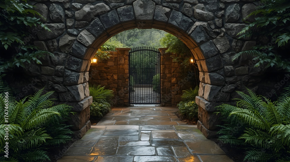 Fototapeta premium Stone archway entrance with an iron gate illuminated by a warm wall light, surrounded by lush green plants and wet stone tiles, creating a mysterious garden atmosphere after rain