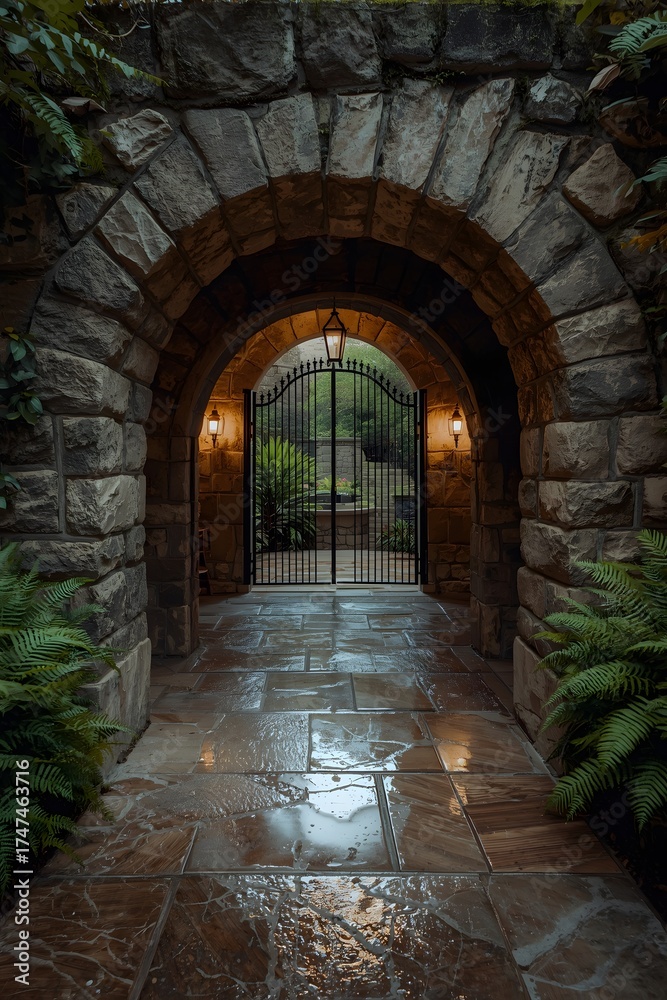 Obraz premium Stone archway entrance with an iron gate illuminated by a warm wall light, surrounded by lush green plants and wet stone tiles, creating a mysterious garden atmosphere after rain