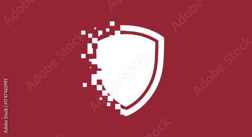 Decaying shield on red, symbolizing data loss. For cybersecurity, privacy or vulnerability awareness