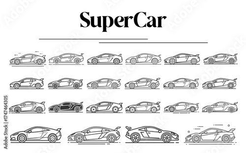 Modern Supercar and Sports Car Side View Outline Icon Set