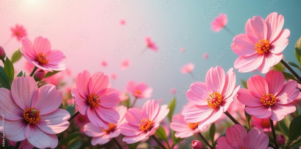 Naklejka premium Floating colorful flowers, pink summer backdrop , floral, magical