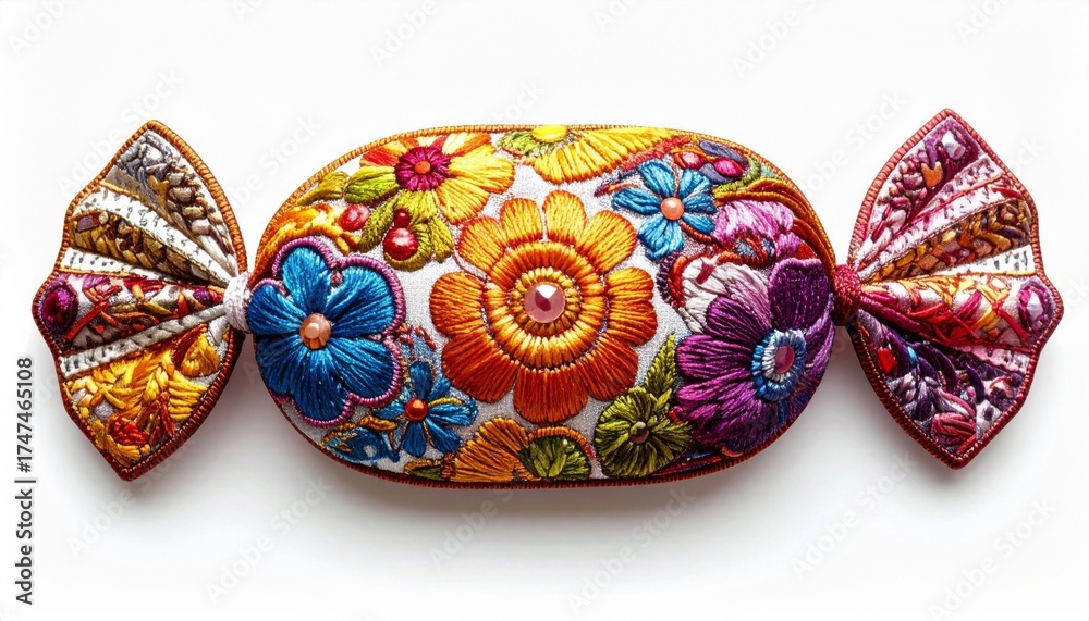 Fototapeta premium Detailed Floral Embroidered Textile Art Shaped Like Wrapped Candy on White Background
