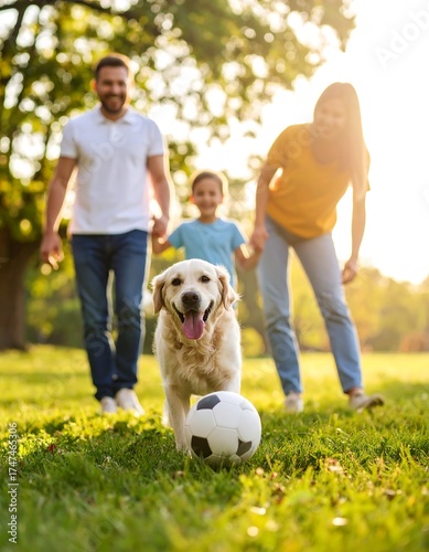 A happy family with a golden retriever playing fetch in a sunny park. They smile and look at the dog running toward them with a soccer ball