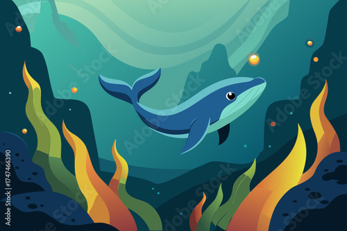 a young whale swimming through a canyon of glowing