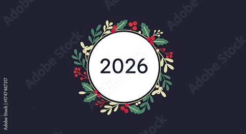 Festive 2026 New Year Celebration Wreath Design on Dark Background.