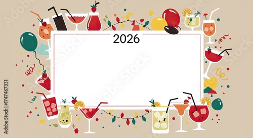 Festive 2026 New Year Celebration Frame with Cocktails and Balloons.