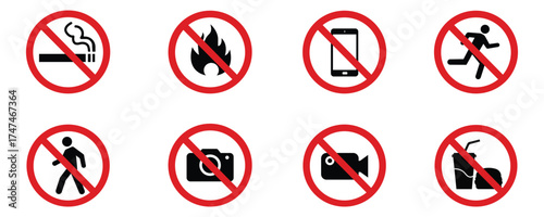 Set of prohibition icons showing restrictions like smoking, phone use, running, walking, and photography.