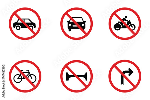Prohibition icons for traffic and vehicle restrictions like no car, truck, motorcycle, bicycle, horn, or turn.