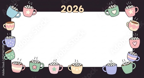 Festive 2026 New Year Frame with Hot Chocolate Mugs.