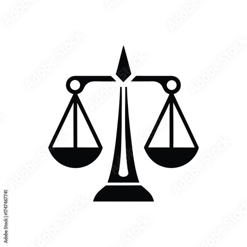 Black and white graphic of a balance scale with a stylized central support justice legal