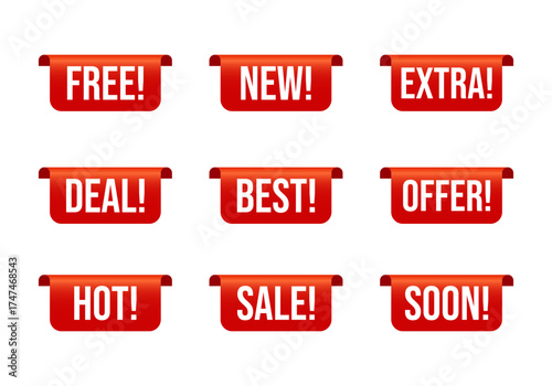 Red Promotion Labels Set with Texts Like SALE, NEW, BEST, OFFER, HOT – Marketing Badges for Advertising and Online Store Design