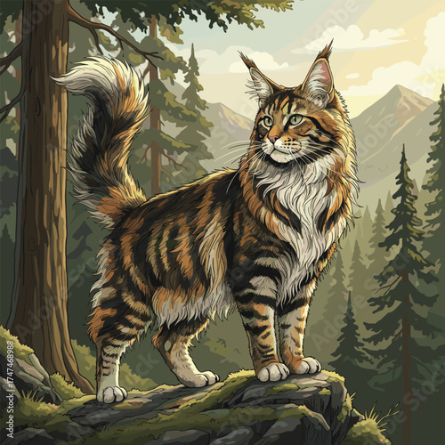 Majestic Cat Standing on a Rock in the Forest Digital Art Illustration