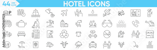 Hotel icon set. Room, service, booking, minibar, hospitality, luggage, front desk, parking, elevator, facilities and more. Vector and illustrator