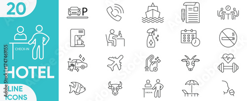 Hotel icon set. Room, service, booking, minibar, hospitality, luggage, front desk, parking, elevator, facilities and more. Vector and illustrator