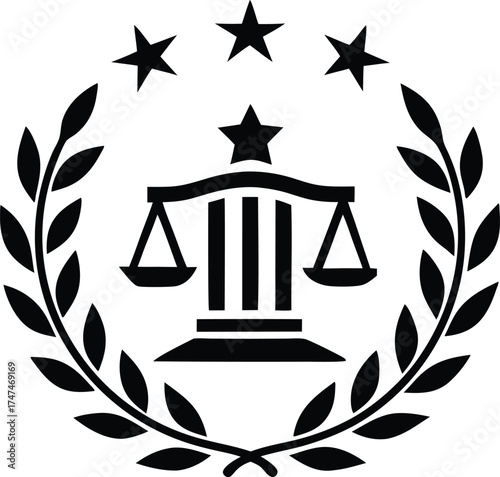 Black Scales of Justice Emblem with Laurel Wreath and Three Stars legal fairness