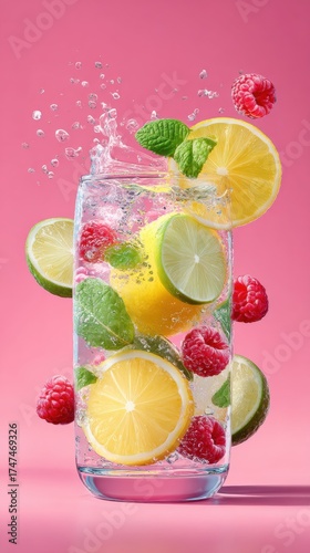 Refreshing citrus fruit and berry infused water with lemon lime mint and raspberries in a glass on pink background for healthy hydration or summer drink