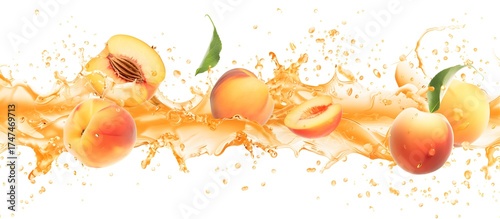Peach Fruit and Juice Splash Isolated on White