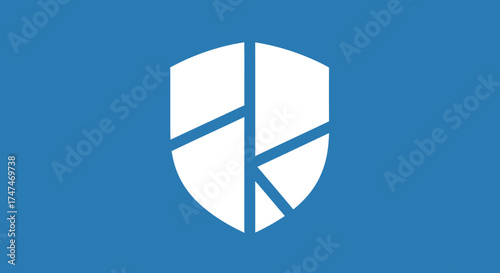 White shield with fractured design, centered on a blue background, for abstract security or technology concepts