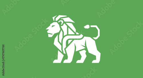 Geometric white lion standing on green background, for logo design and corporate identity usage