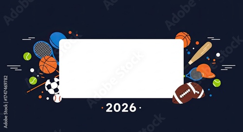 Sports Equipment Frame with 2026 Text on Dark Background.