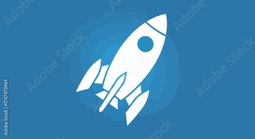 Rocket launching on blue background with smoke trail, represents new business start, product announcement, or marketing campaign