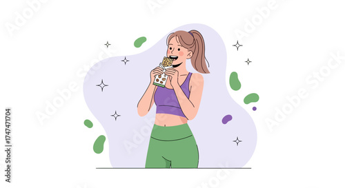 Illustration of a woman in workout clothes eating a snack bar, lifestyle concept