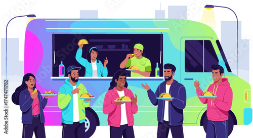 Illustration of people eating tacos from a vibrant food truck with happy people near it