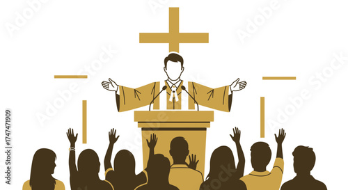 Illustration of Preacher Speaking to Congregation in Church with Crucifix Above