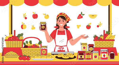 Illustration of a woman selling homemade preserves and produce at a farmers market