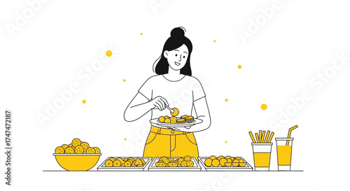 Illustration of a woman serving food in a simple outline style cartoon design