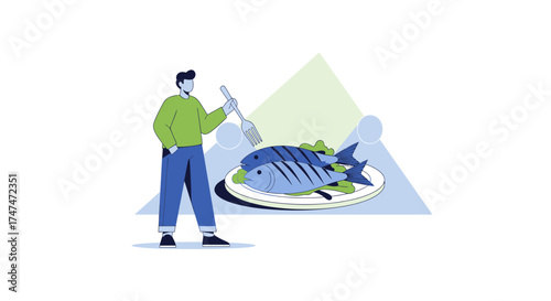 Illustrative Culinary Scene Depicting a Person Ready To Enjoy Deliciously Grilled Fish