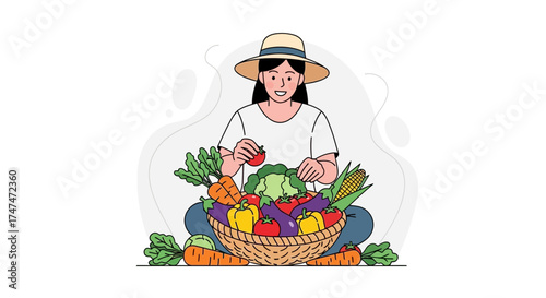 Illustration of a woman with a basket of fresh vegetables, gardening lifestyle